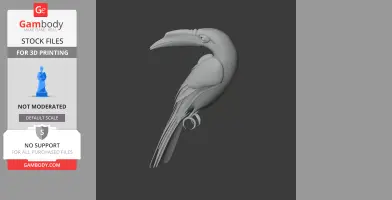 3D model of a hornbill, featuring detailed beak, feathers, and perched claws, designed for 3D printing.