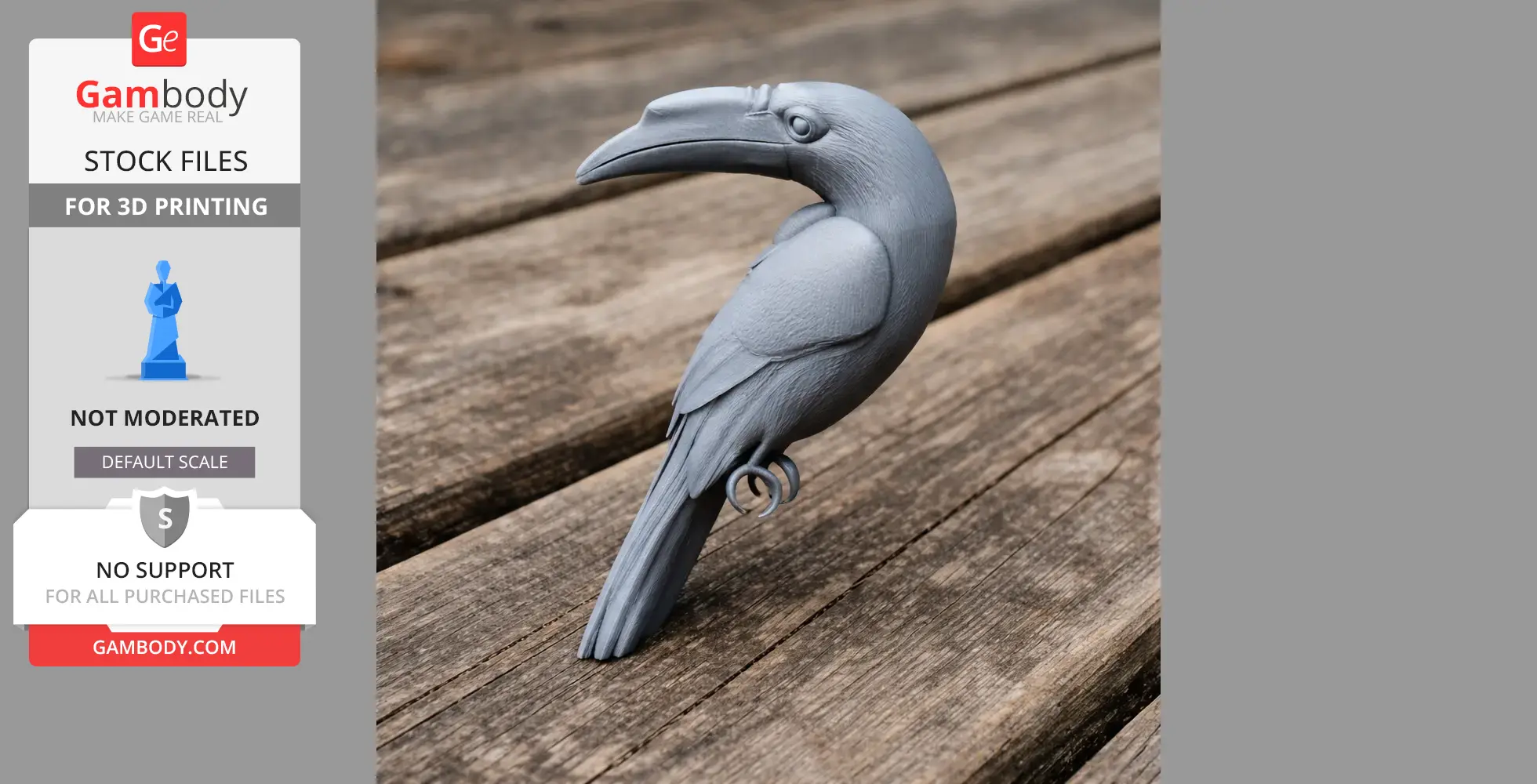 3D-printed model of a hornbill, perched on wooden planks, designed for STL printing.