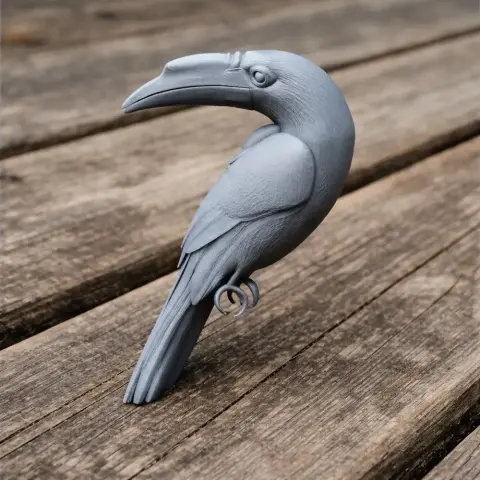 3D printed model of a hornbill bird with detailed features on a wooden surface.