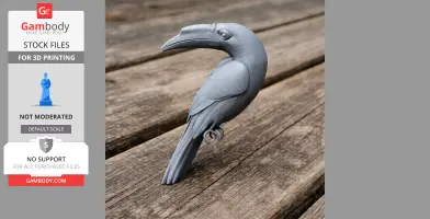 3D-printed model of a hornbill, perched on wooden planks, designed for STL printing.