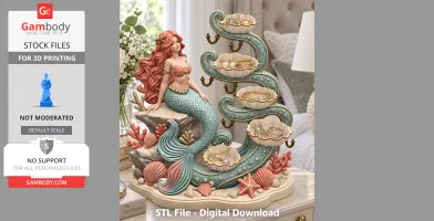 Mermaid-themed jewelry organizer with shells and hooks, designed for 3D printing.