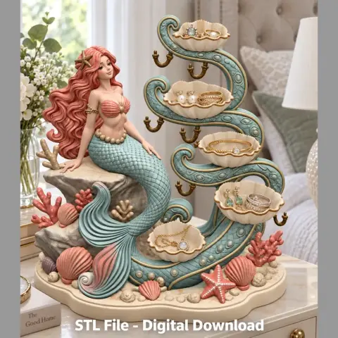 A mermaid-themed jewelry organizer with seashell trays and coral accents. Suitable for 3D printing.