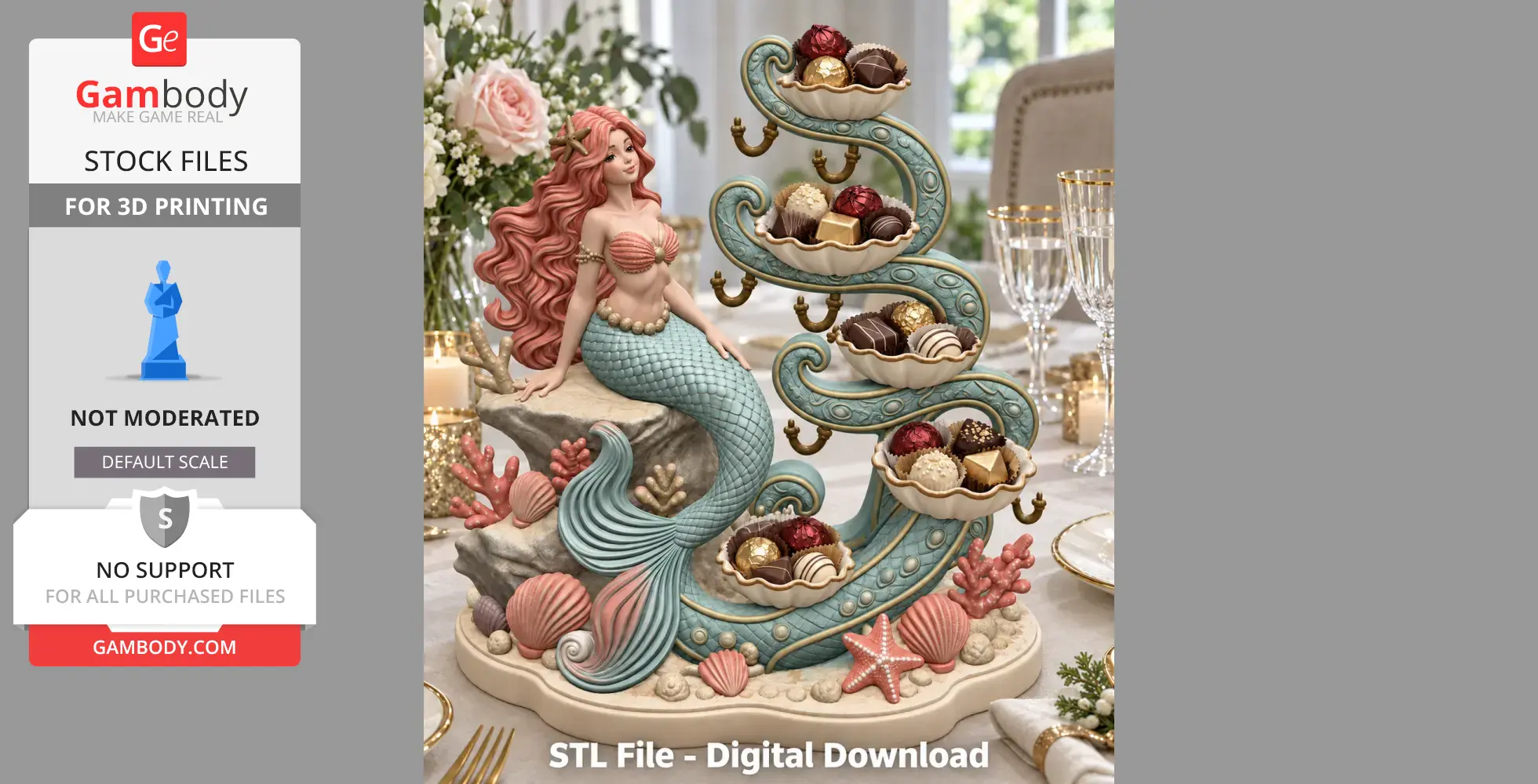Mermaid-themed jewelry organizer with shell trays and intricate details, perfect for 3D printing.