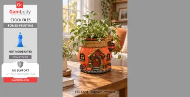 A whimsical pumpkin-shaped cottage planter with plants, featuring tiny windows and a thatched roof.