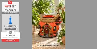 Pumpkin-shaped cottage planter with a thatched roof, door, windows, and autumn-themed decor.
