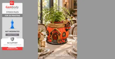 Pumpkin-shaped planter with house features and lush greenery, set on a dining table.