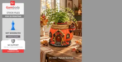 3D model of a pumpkin cottage planter with autumn decor, placed on a rustic wooden table.