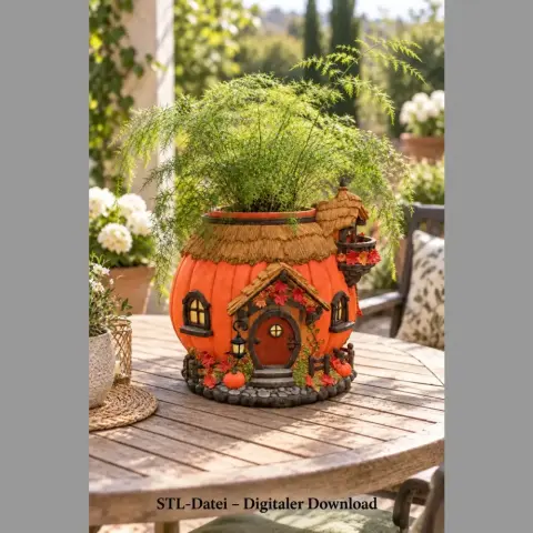 Whimsical pumpkin-shaped planter with door and windows, adorned with greenery on top.