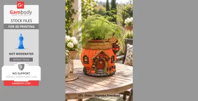 A pumpkin-shaped planter styled as a cozy cottage with windows, doors, and foliage on top.