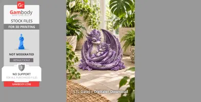 A purple dragon mother and baby, intricately designed, nestled together with wings wrapped around.