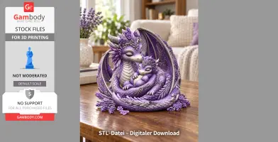 Lavender dragon mother cuddling baby, detailed scales and wings, set on a table with lavender decor.