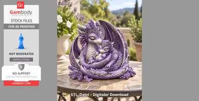 A detailed lavender dragon sculpture featuring a mother and baby, surrounded by flowers on a table.