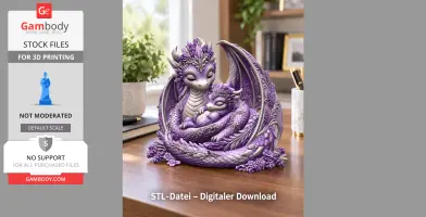 A lavender dragon mother cradling her baby, detailed scales and wings, adorned with purple flowers.