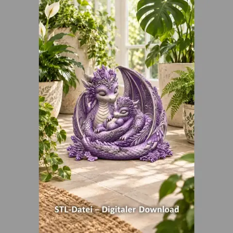 Lavender dragon mother and baby duo nestled together, surrounded by lush green plants.