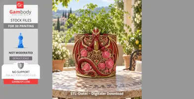 Red dragon-themed flower pot with floral designs, set on a table in a garden scene.