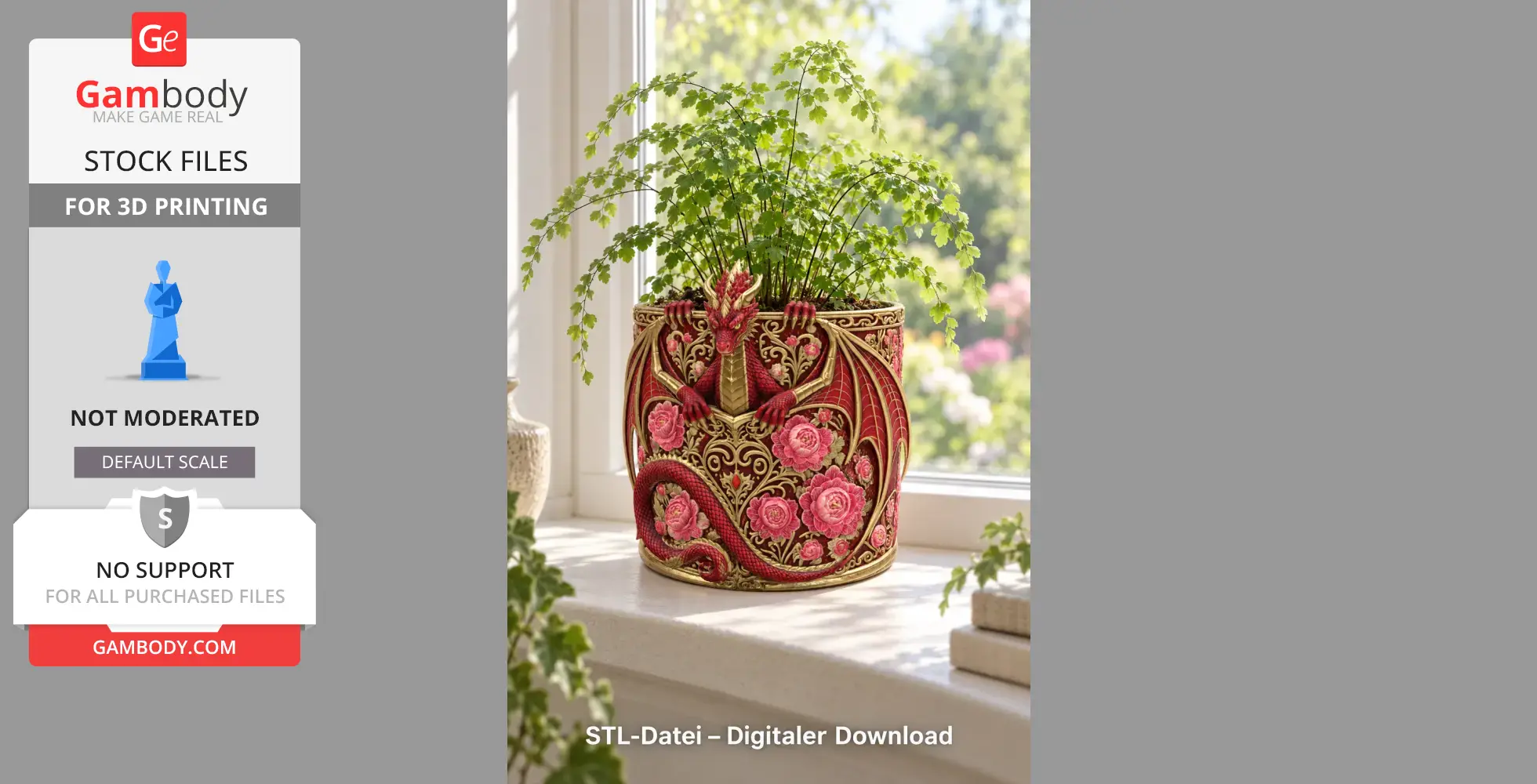 Red floral dragon-themed flower pot with intricate designs and pink roses.