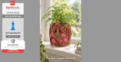 Red floral dragon-themed flower pot with intricate designs and pink roses.