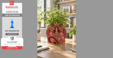 Red floral dragon-themed flower pot with intricate details, surrounded by greenery.