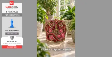 Red floral dragon-themed flower pot with intricate gold accents, surrounded by green plants.