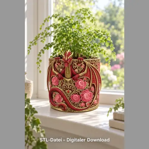 Red and gold dragon-themed flower pot with roses, holding a green plant, designed for 3D printing.