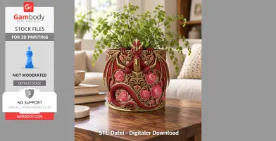 Decorative pot featuring a red dragon with floral accents, designed for 3D printing.