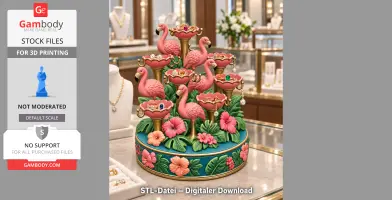 A colorful flamingo-themed jewelry organizer, adorned with rings and bracelets.