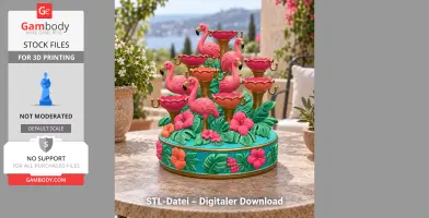 Colorful flamingo-themed jewelry organizer with floral accents, set on a round base.