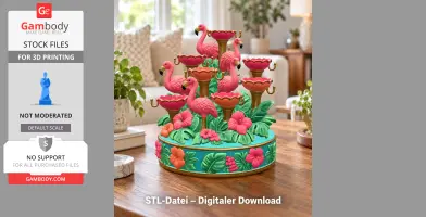 Flamingo-themed jewelry organizer with tiers, vibrant flowers, and leaves, created for 3D printing.
