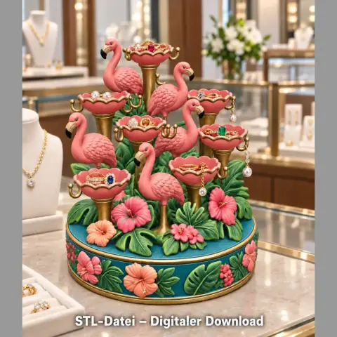 Colorful flamingo jewelry organizer with floral decorations for 3D printing.