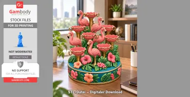 Pink flamingo-themed jewelry organizer with flower and leaf decorations.