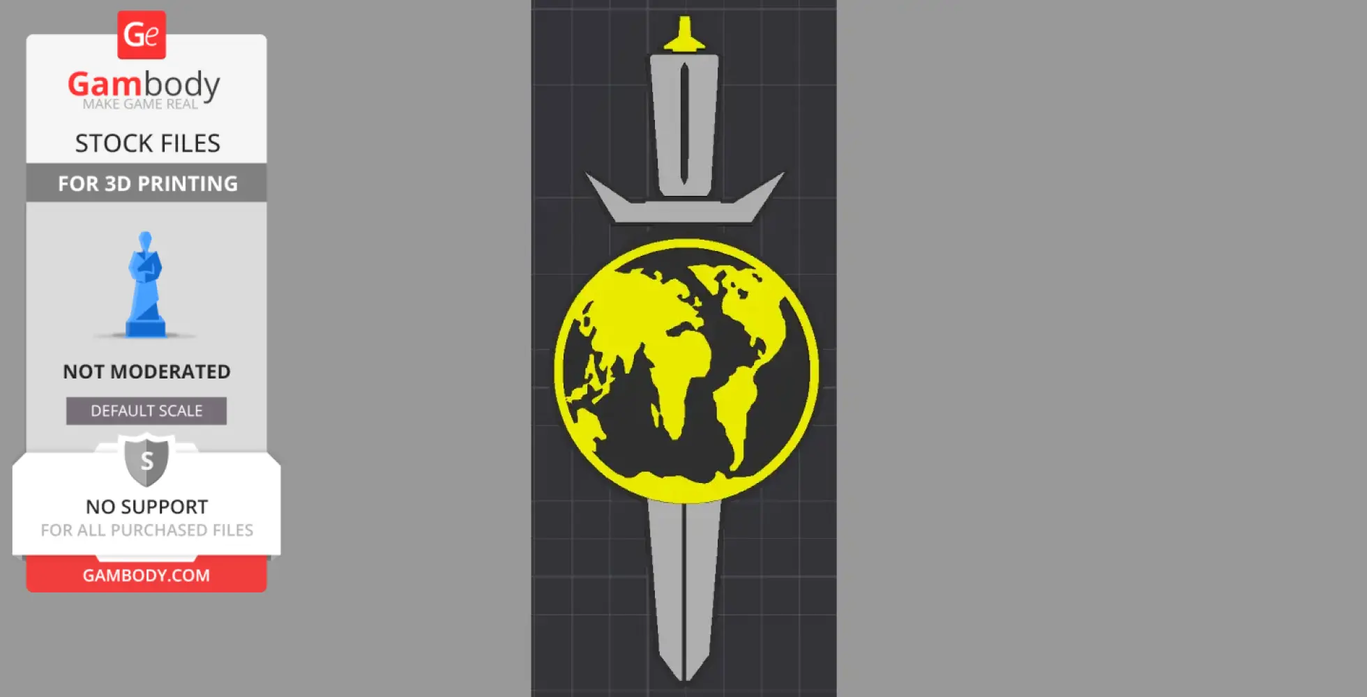 A sword with a yellow map of the world as the cross-guard on a gray background.