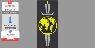 A sword with a yellow map of the world as the cross-guard on a gray background.