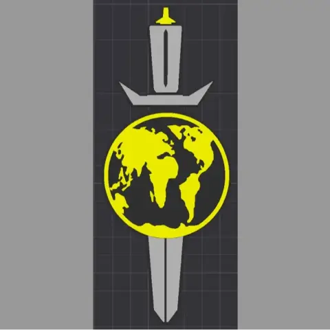A sword piercing a yellow globe, symbolizing conquest.
