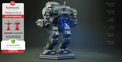 A detailed 3D model of a mechanical robot with large limbs and angular design, ready for printing.