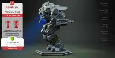 A detailed 3D model of a mechanical Dire Wolf from MWO, equipped with weaponry, on a display stand.