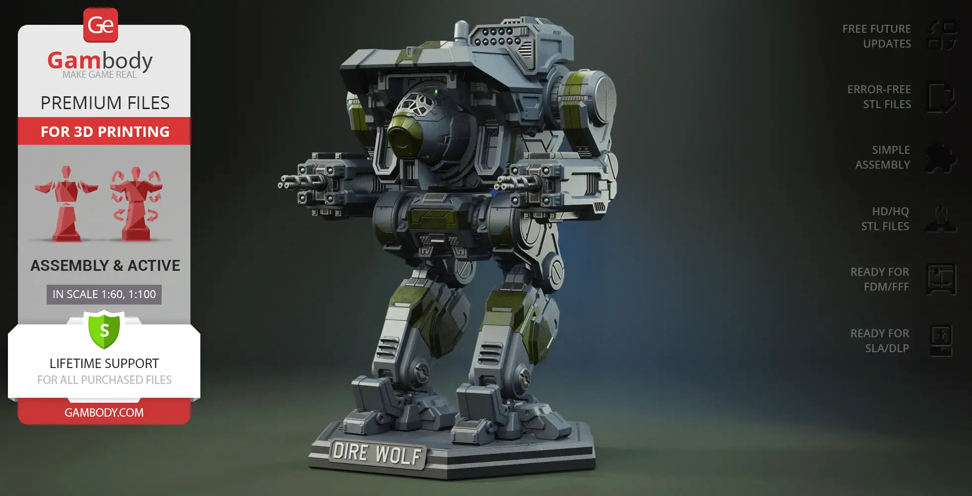 A detailed 3D model of the MWO Dire Wolf mech, ready for printing, shown on a display stand.