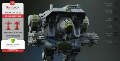 Futuristic mech robot with dual arm cannons, detailed mechanical parts for 3D printing.