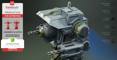 A detailed 3D model of a futuristic mech with dual cannons and angular armor, designed for 3D printing.