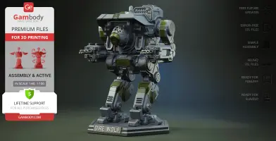 A detailed 3D model of the MWO Dire Wolf mech, ready for printing, shown on a display stand.