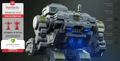 A detailed 3D model of a mech, ready for 3D printing, with highlighted features and support options.