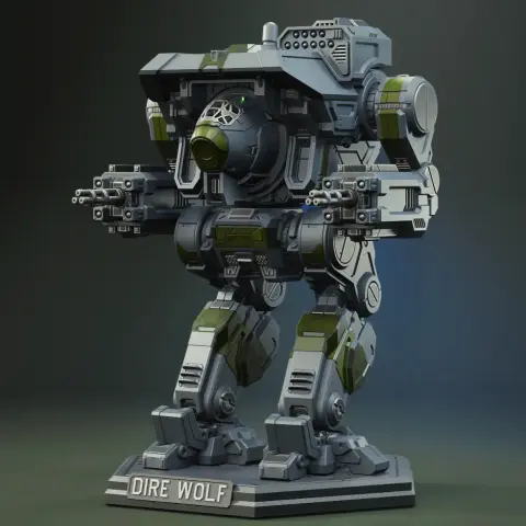 A detailed 3D model of a 'Dire Wolf' mech, featuring heavy armor and multiple cannons.