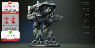 A detailed Dire Wolf mech model ready for 3D printing, featuring robust armor and dual arm cannons.