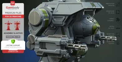 Detailed 3D model of a futuristic mech robot with weaponry, designed for 3D printing by Gambody.