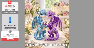 Two cute, floral-decorated dragons, one blue and one purple, embracing on a decorated table.