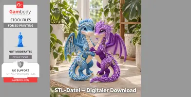 Two colorful dragons adorned with floral designs standing together in a bright, plant-filled room.