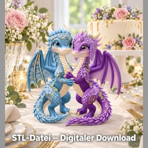 Two intricately designed dragons, blue and purple, surrounded by flowers and cake, in a romantic setting.