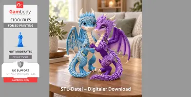 A blue and a purple dragon decorated with flowers, romantically facing each other on a table.