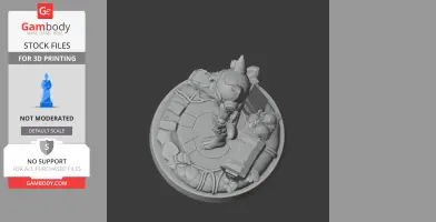 A detailed robot cat figure standing on a circular base with plants and mechanical elements.