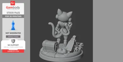 A stylized cat-like robot figure with headphones, standing on a base with boxes and plants, 3D printed model.