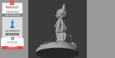 A 3D printed cat-like robot figure with goggles, standing on a circular base.
